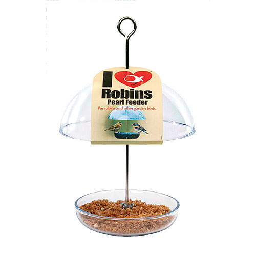 ILR-PF Nuevo comedero I LOVE ROBINS con plato y cobertor para proteger el alimento de la lluvia y la nieve.