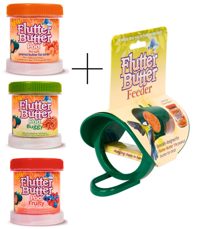Comida especial para petirrojos y mirlos 500 g. con bote de manteca FB-PB + PF + PO con el comedero Flutter Butter FBF-2